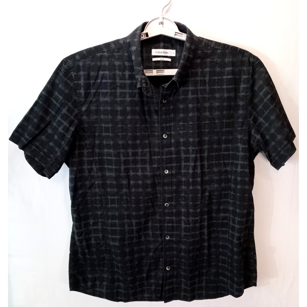 Calvin Klein Button Down Men's Short Sleeve Shirt, XL Slim Fit, Black Squares